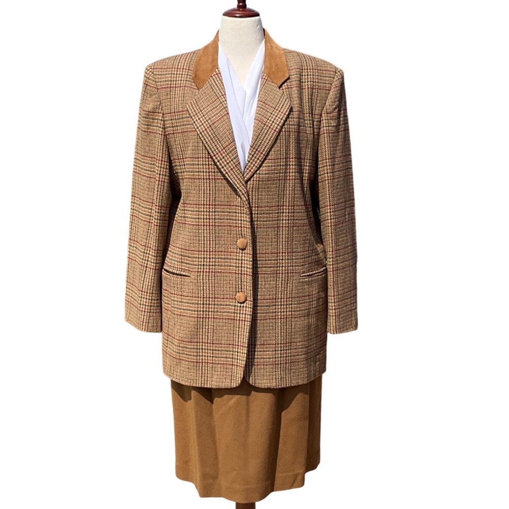 Worthington Skirt Suit Womens 16 Brown Plaid Wool Blazer Skirt Set Academia